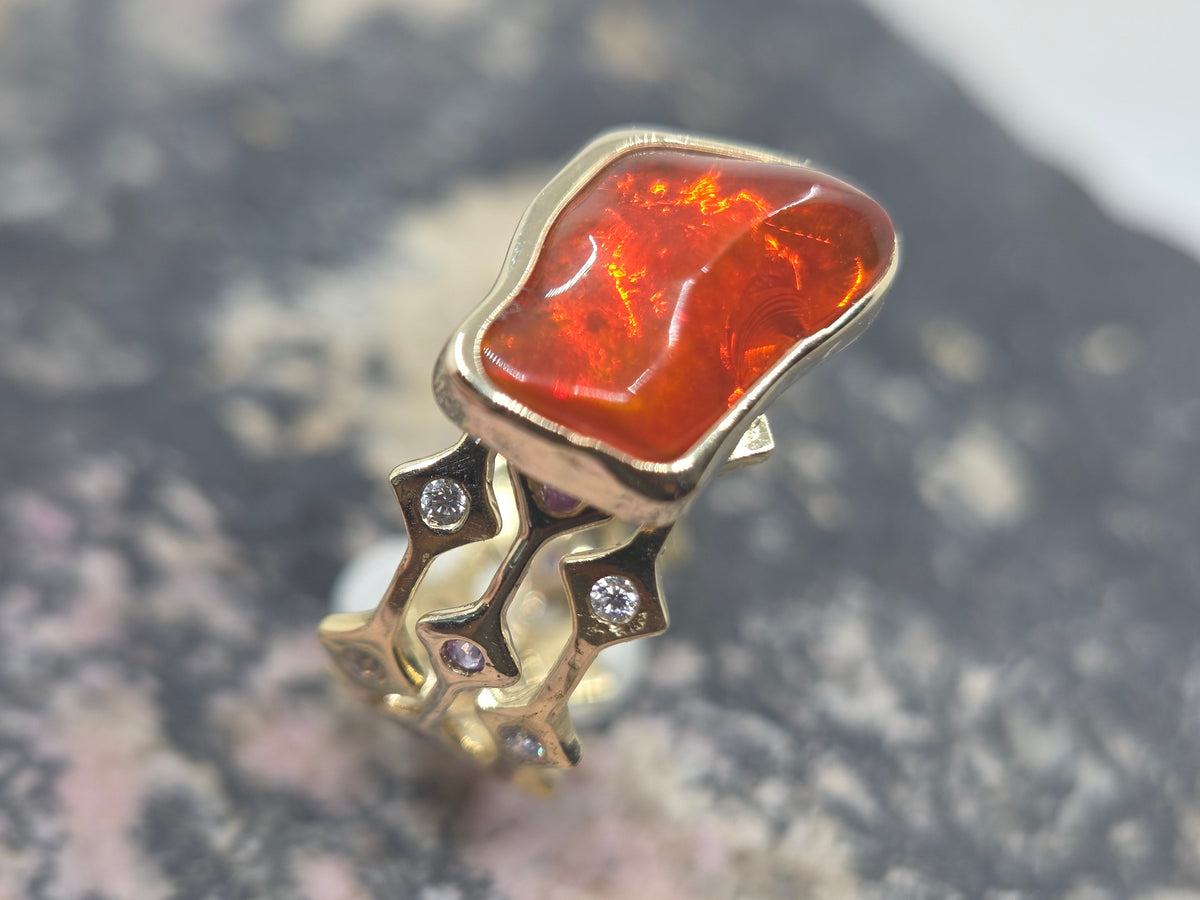 Mexican Orange Fire Opal Ring 14k Yellow Gold - Jewelry #691