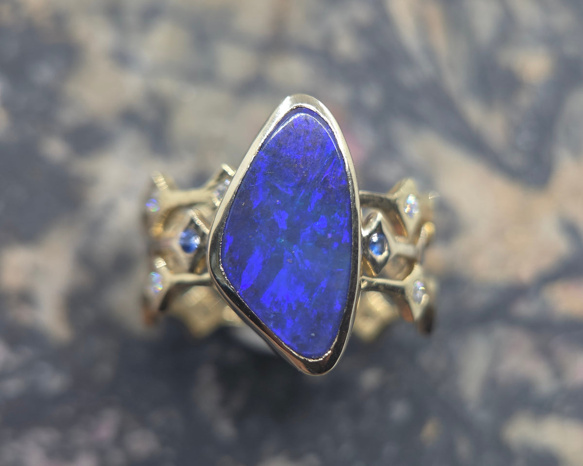 Blue Australian Boulder Opal Ring 14k Yellow Gold - Jewelry #693