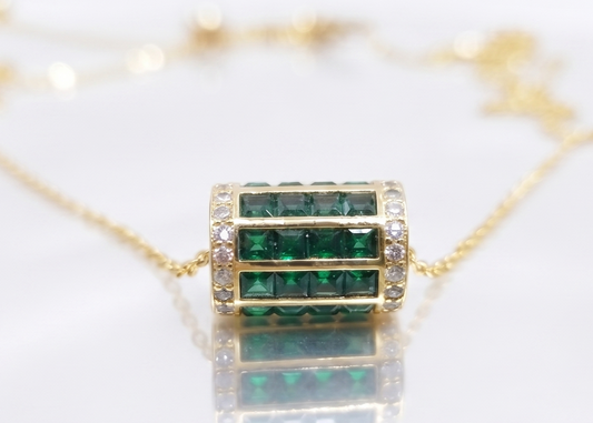 Green Gemstone Barrel Bead Pendant Gold Plated #662