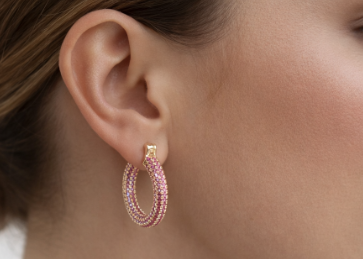 Pink Gemstone Gold Plated Hoop Earrings #650