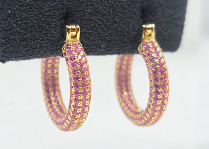 Pink Gemstone Gold Plated Hoop Earrings #650