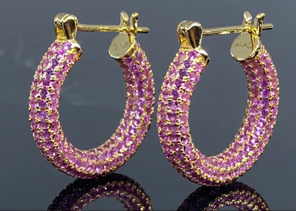 Pink Gemstone Gold Plated Hoop Earrings #650