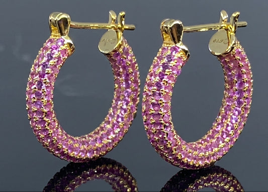 Pink Gemstone Gold Plated Hoop Earrings #650
