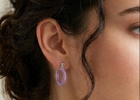 Pink Gemstone Sterling Silver Hoop Earrings #651