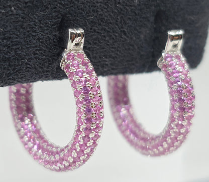 Pink Gemstone Sterling Silver Hoop Earrings #651