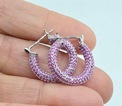 Pink Gemstone Sterling Silver Hoop Earrings #651