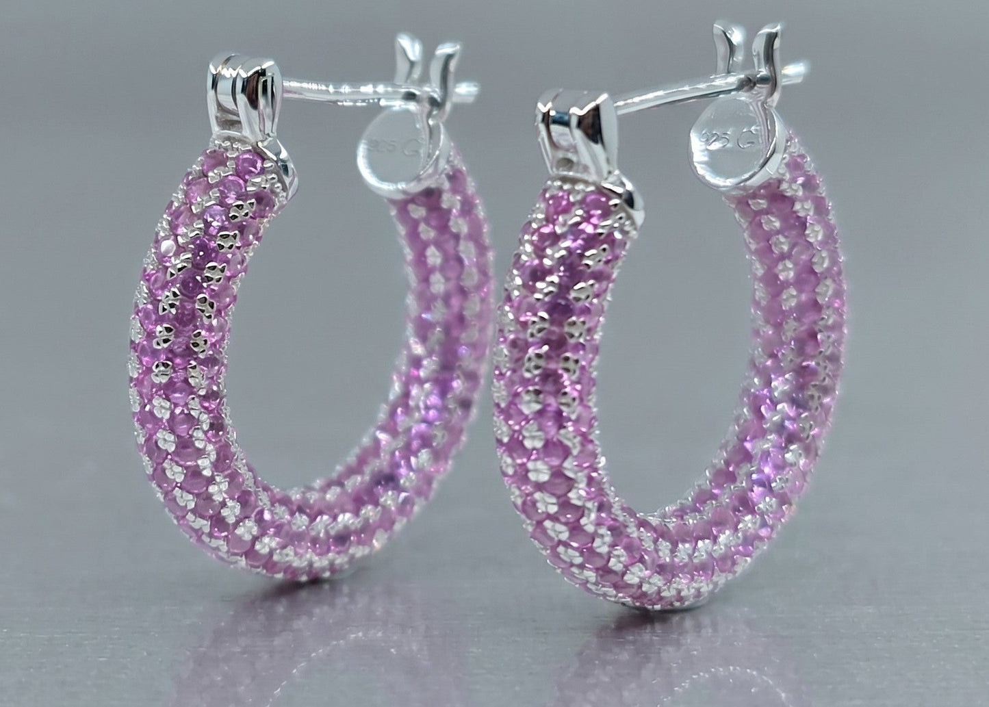 Pink Gemstone Sterling Silver Hoop Earrings #651