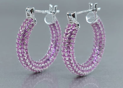 Pink Gemstone Sterling Silver Hoop Earrings #651
