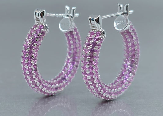 Pink Gemstone Sterling Silver Hoop Earrings #651