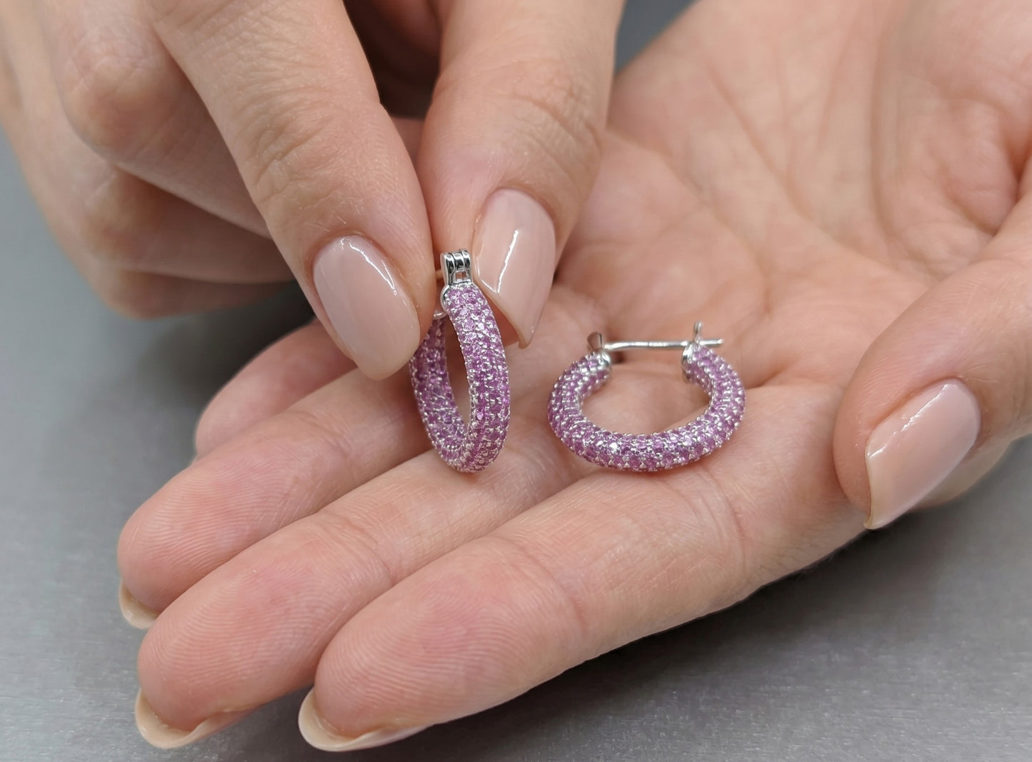 Pink Gemstone Sterling Silver Hoop Earrings #651