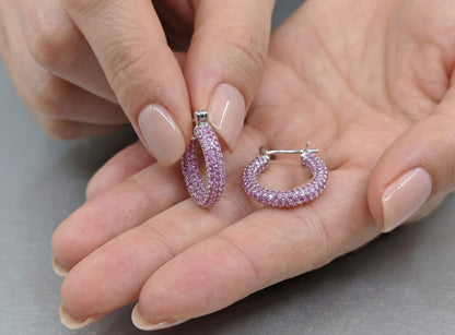 Pink Gemstone Sterling Silver Hoop Earrings #651