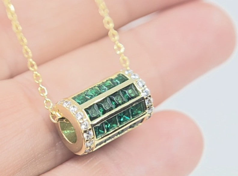 Green Gemstone Barrel Bead Pendant Gold Plated #662