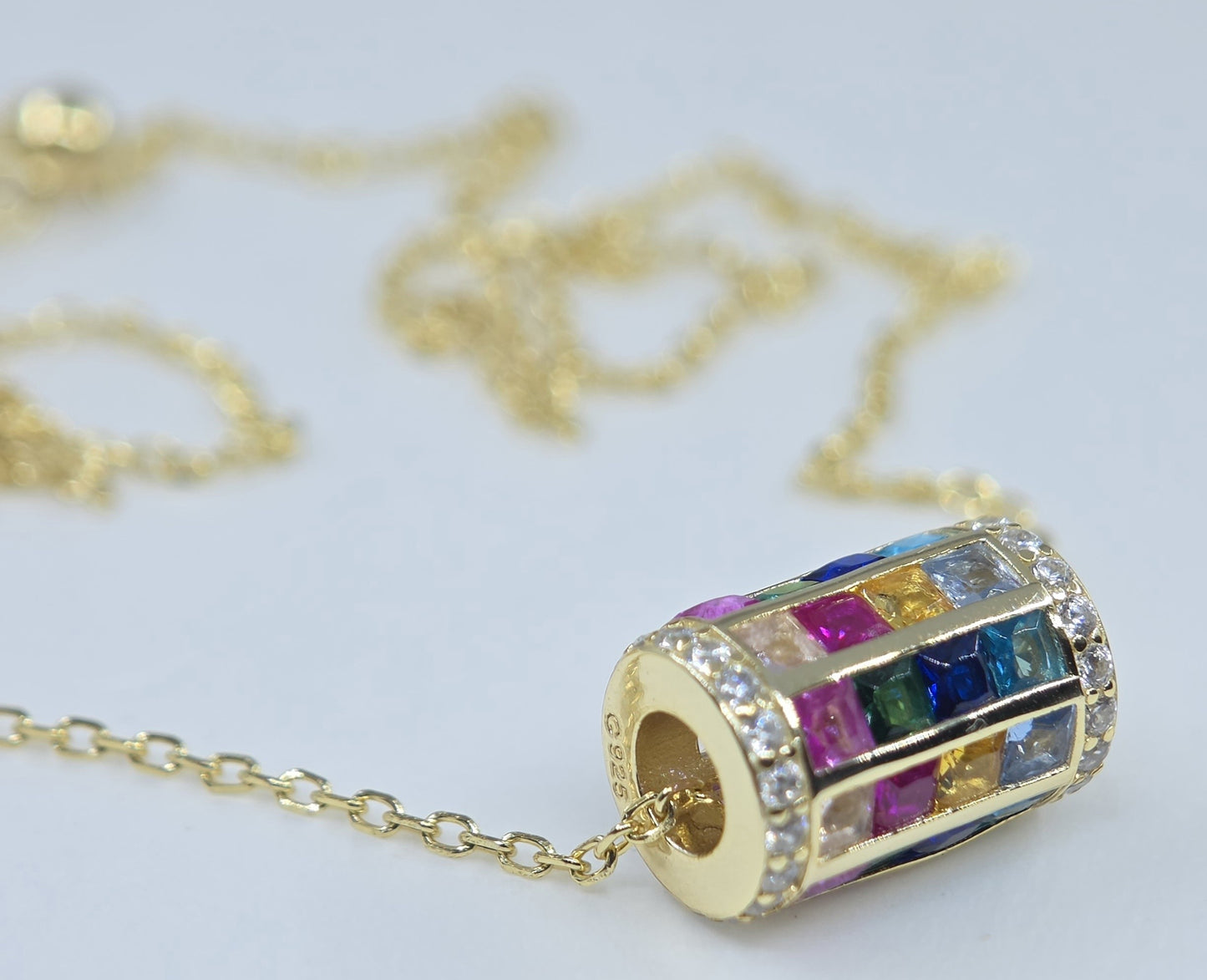 Multi-Color Gemstone Barrel Bead Pendant Gold Plated #663