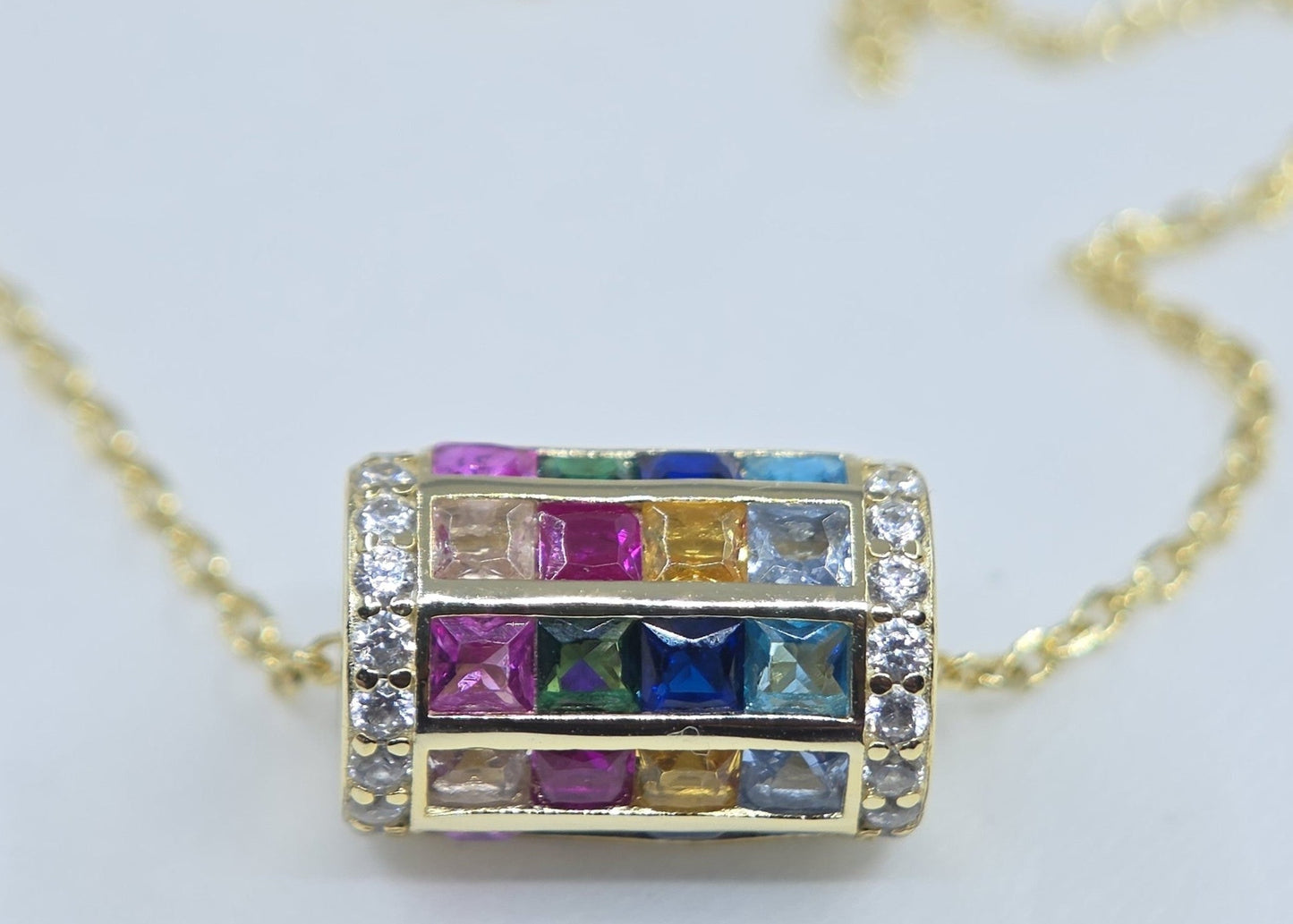Multi-Color Gemstone Barrel Bead Pendant Gold Plated #663