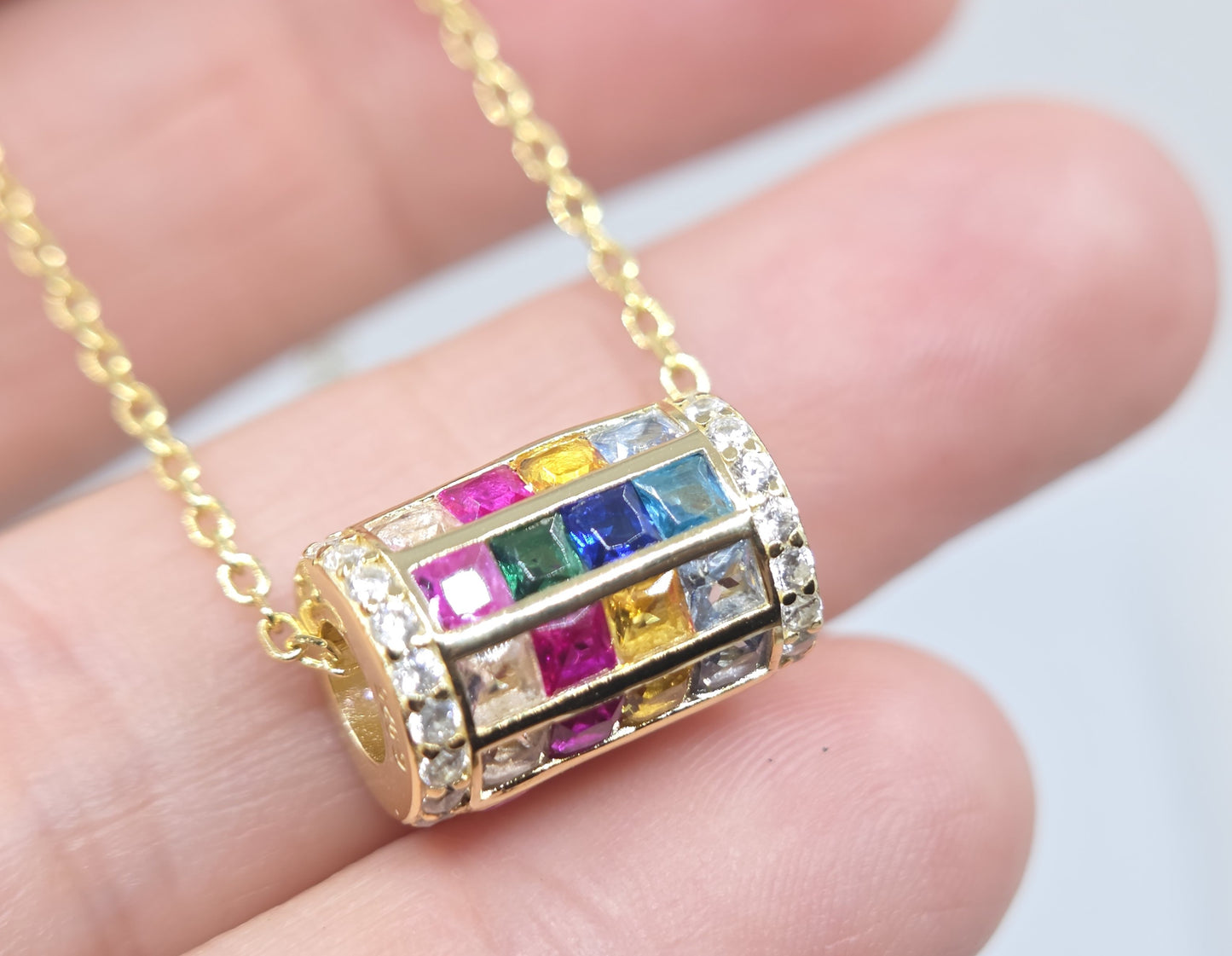 Multi-Color Gemstone Barrel Bead Pendant Gold Plated #663