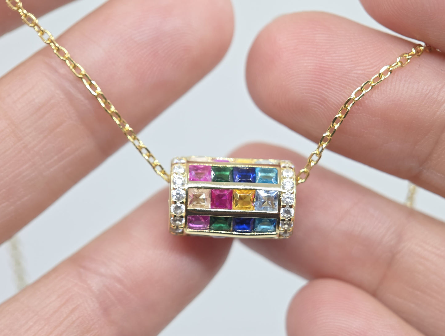 Multi-Color Gemstone Barrel Bead Pendant Gold Plated #663