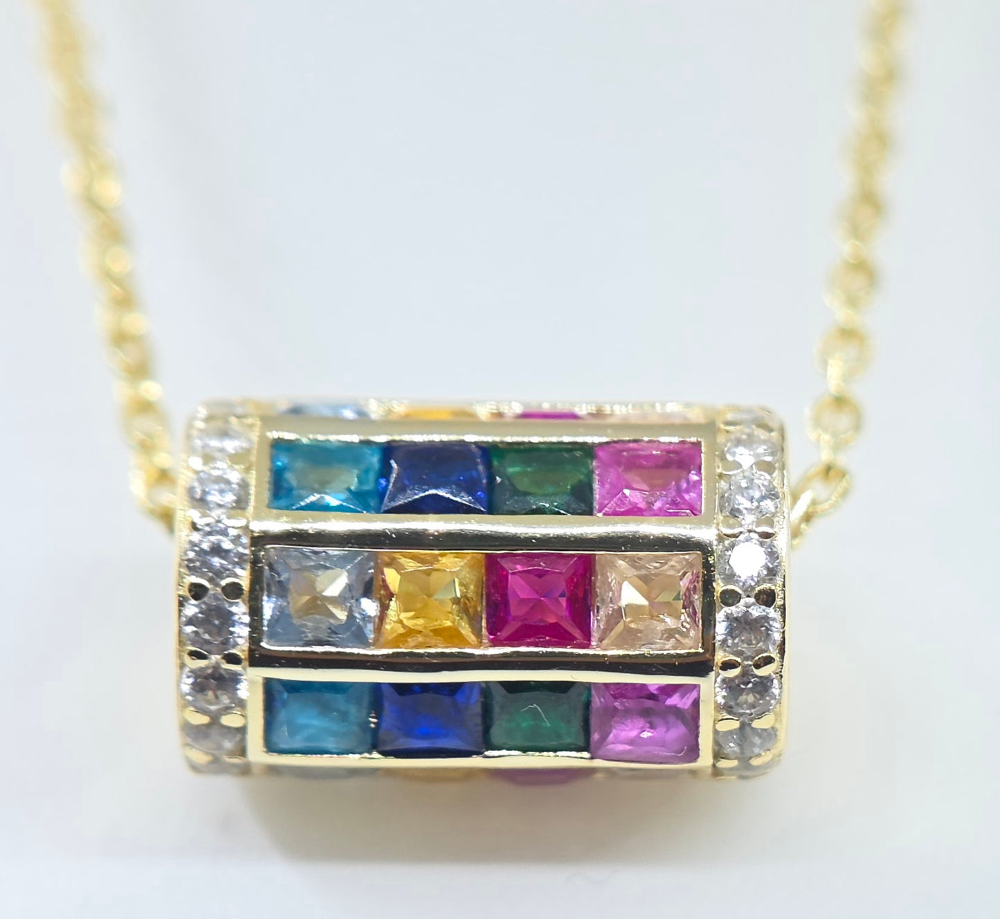 Multi-Color Gemstone Barrel Bead Pendant Gold Plated #663