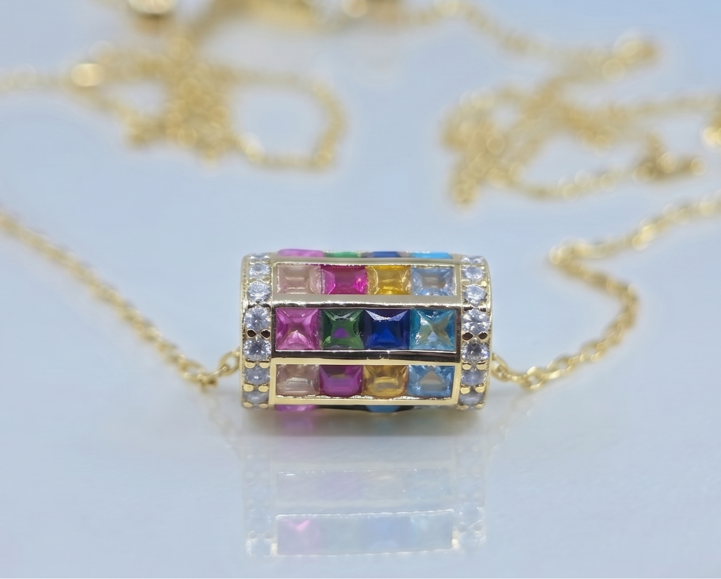 Multi-Color Gemstone Barrel Bead Pendant Gold Plated #663
