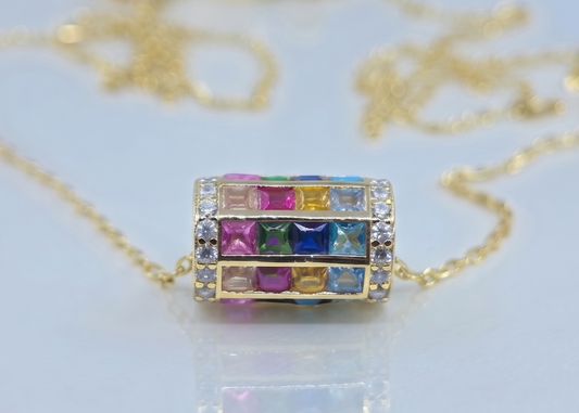 Multi-Color Gemstone Barrel Bead Pendant Gold Plated #663