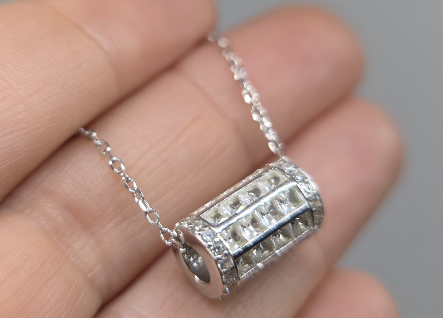White Gemstone Barrel Bead Pendant Sterling Silver #664
