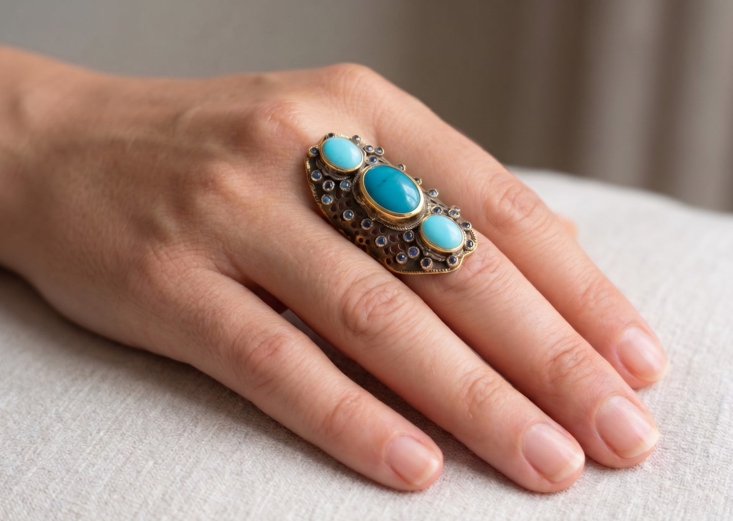 Turquoise Rustic Sterling Silver & Gold Ring #668