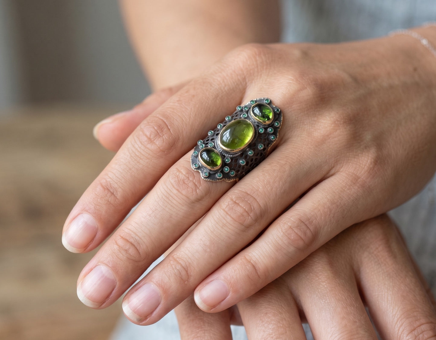 Green Gemstone Rustic Sterling Silver & Gold Ring #669