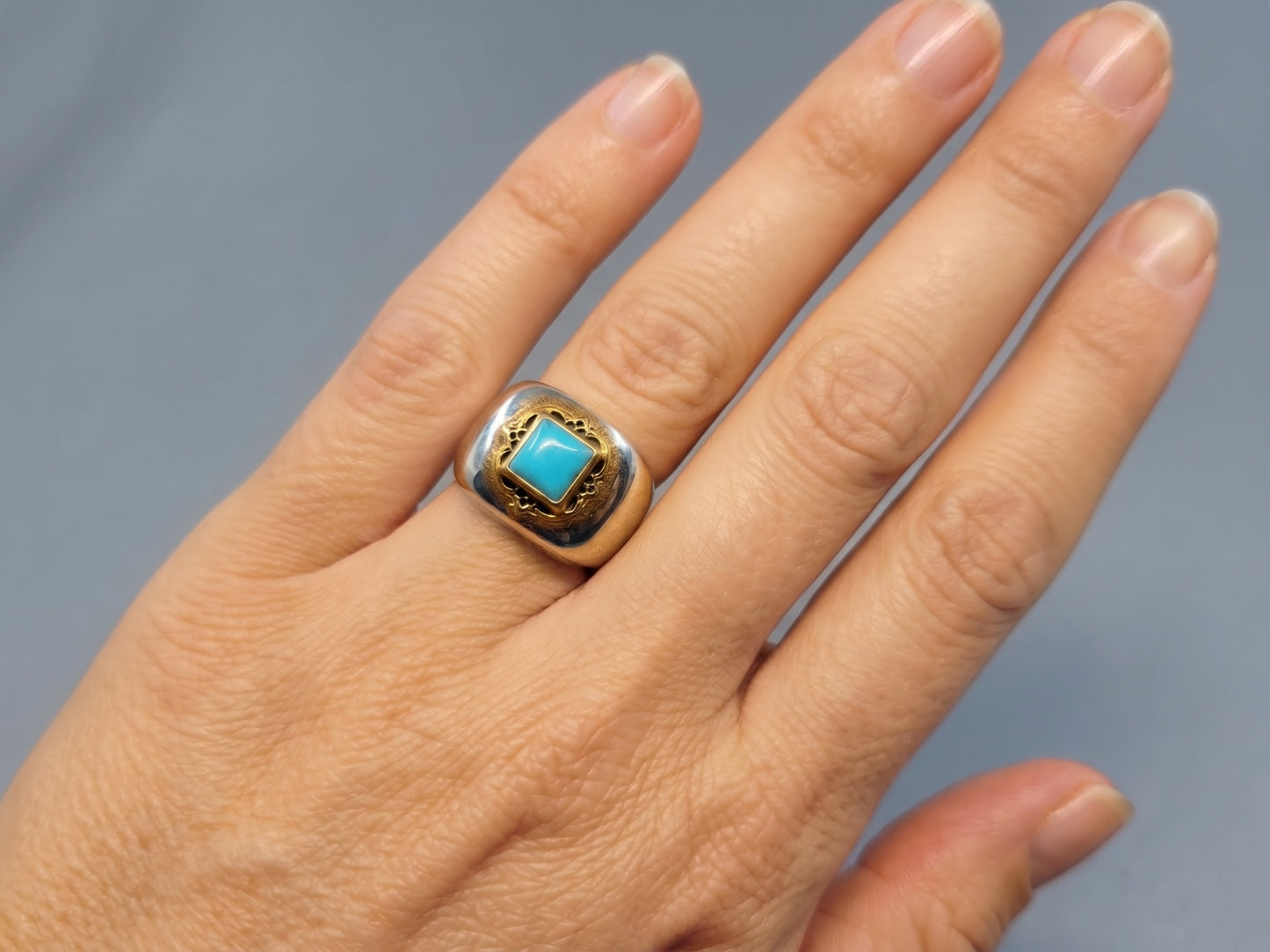 Sterling Silver & Brass Turquoise Gemstone Signet Ring #671