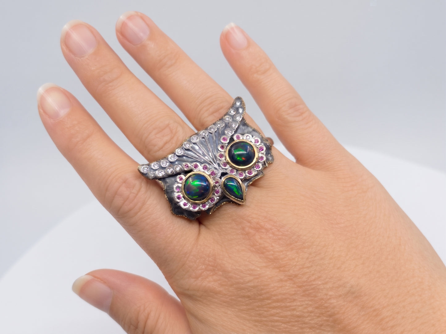 Black Opal Owl Ring Rustic Sterling Silver & Brass #673