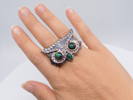 Black Opal Owl Ring Rustic Sterling Silver & Brass #673