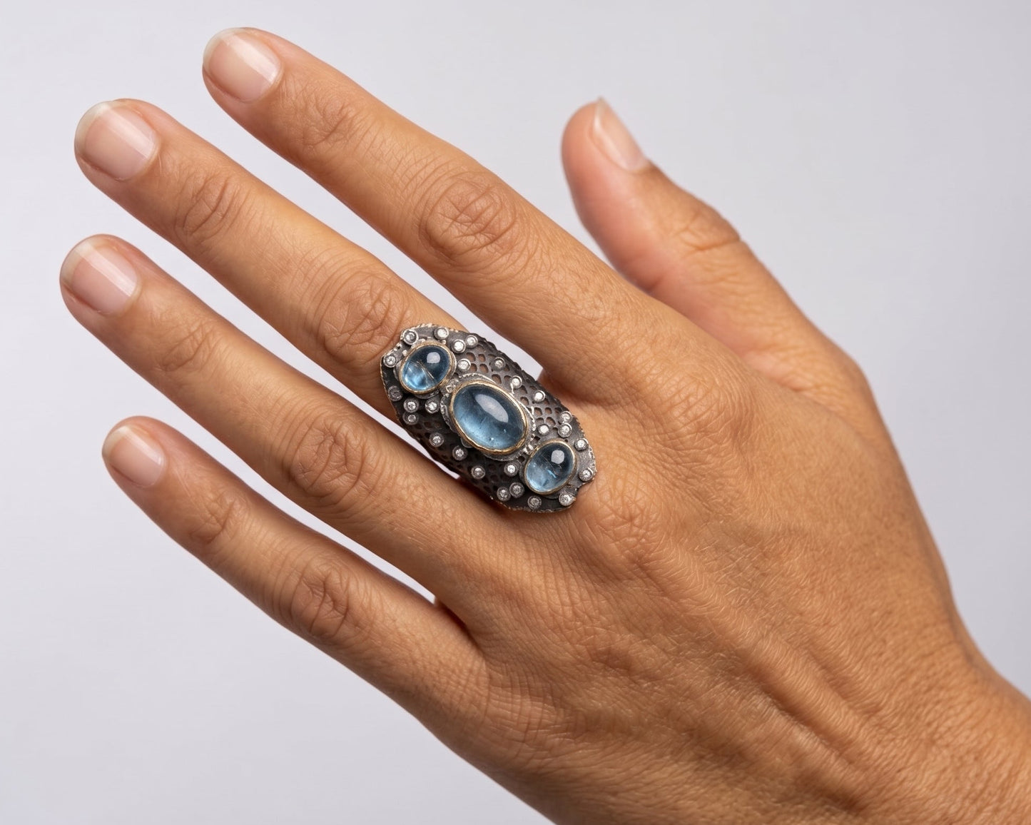Aquamarine Blue Gemstone Rustic Sterling Silver & Gold Ring #679