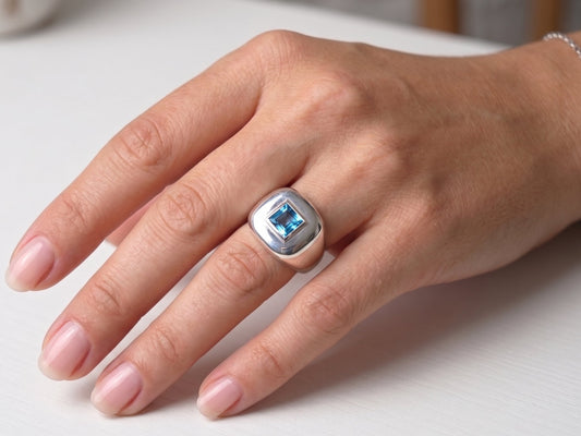Sterling Silver Blue Topaz Gemstone Signet Ring #685