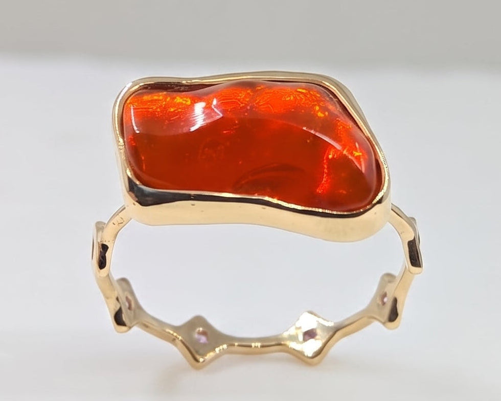 Mexican Orange Fire Opal Ring 14k Yellow Gold - Jewelry #691