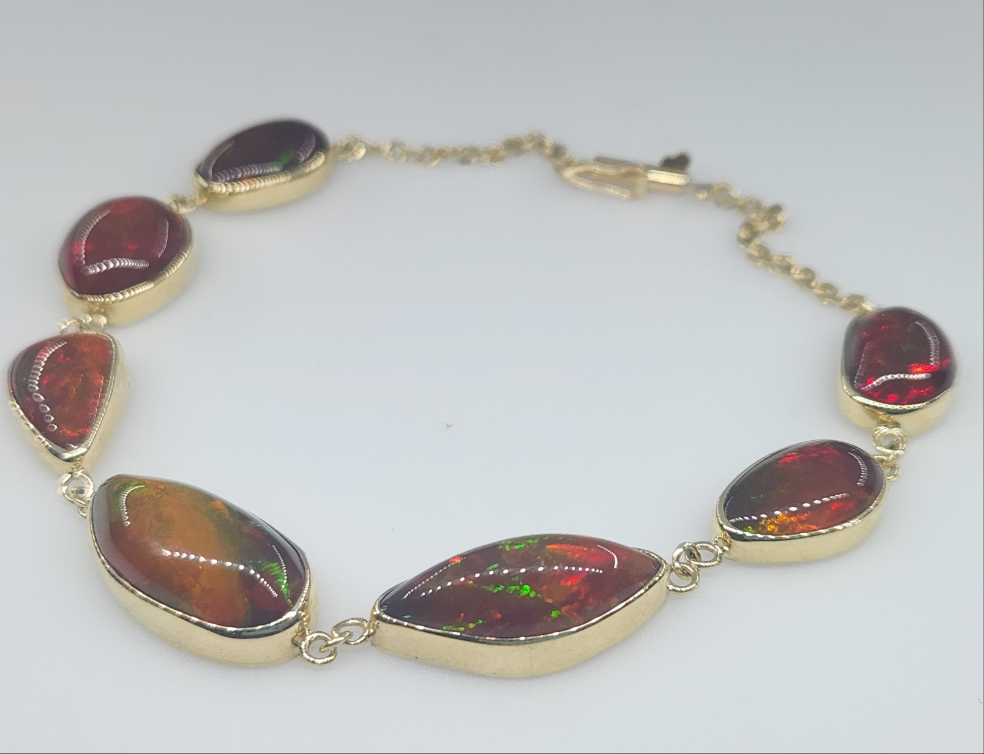 Ethiopian Opals Gemstone Link Bracelet 14k Gold Jewelry #526