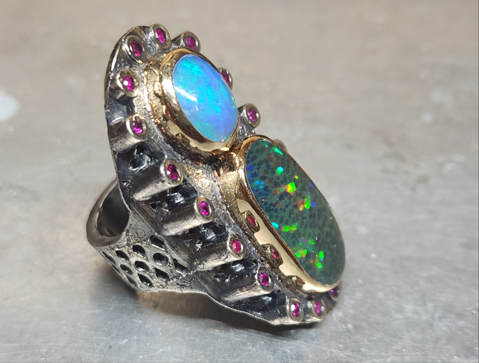 Opal & Ruby Rustic Sterling Silver & Gold Ring #587