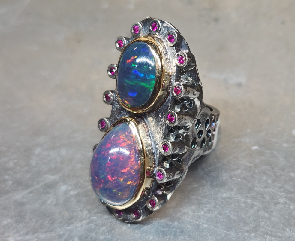 Opal & Ruby Rustic Sterling Silver & Gold Ring #588
