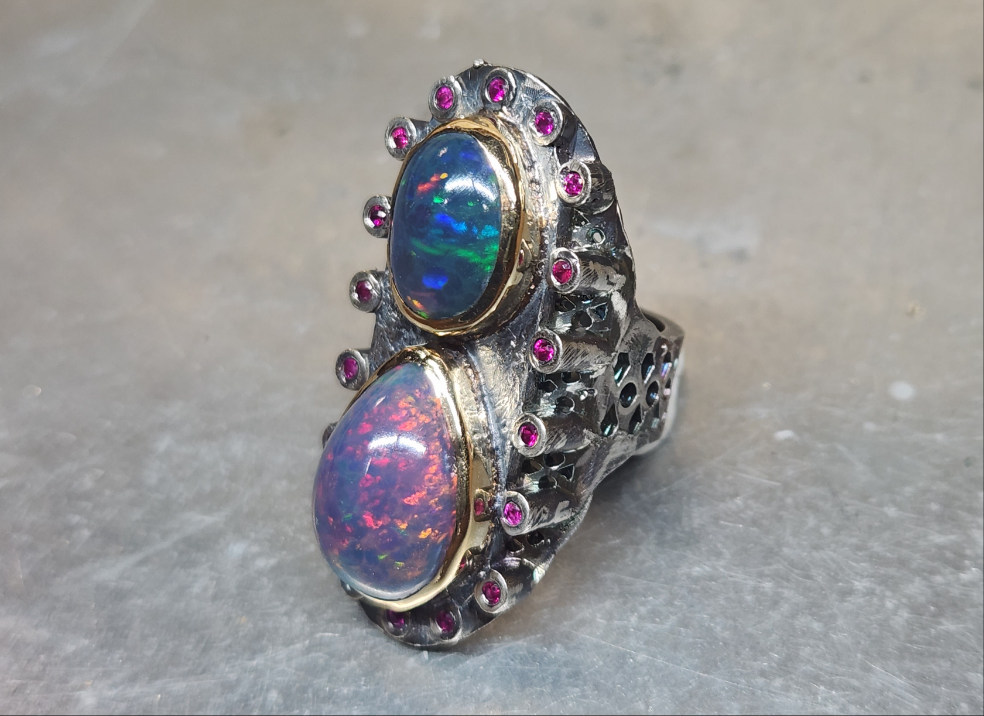 Opal & Ruby Rustic Sterling Silver & Gold Ring #588