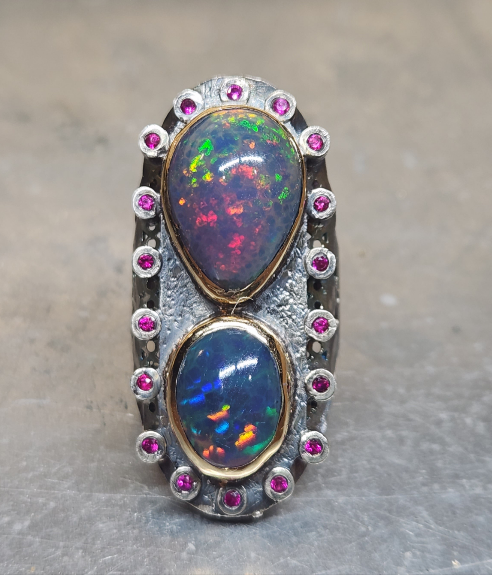 Opal & Ruby Rustic Sterling Silver & Gold Ring #588