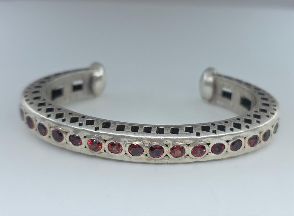 Rustic Sterling Silver Red Garnet Gemstone Cuff Bracelet #604