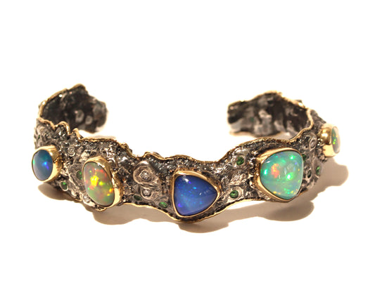 Rustic Silver & Gold Opal Gemstone Cuff Bracelet