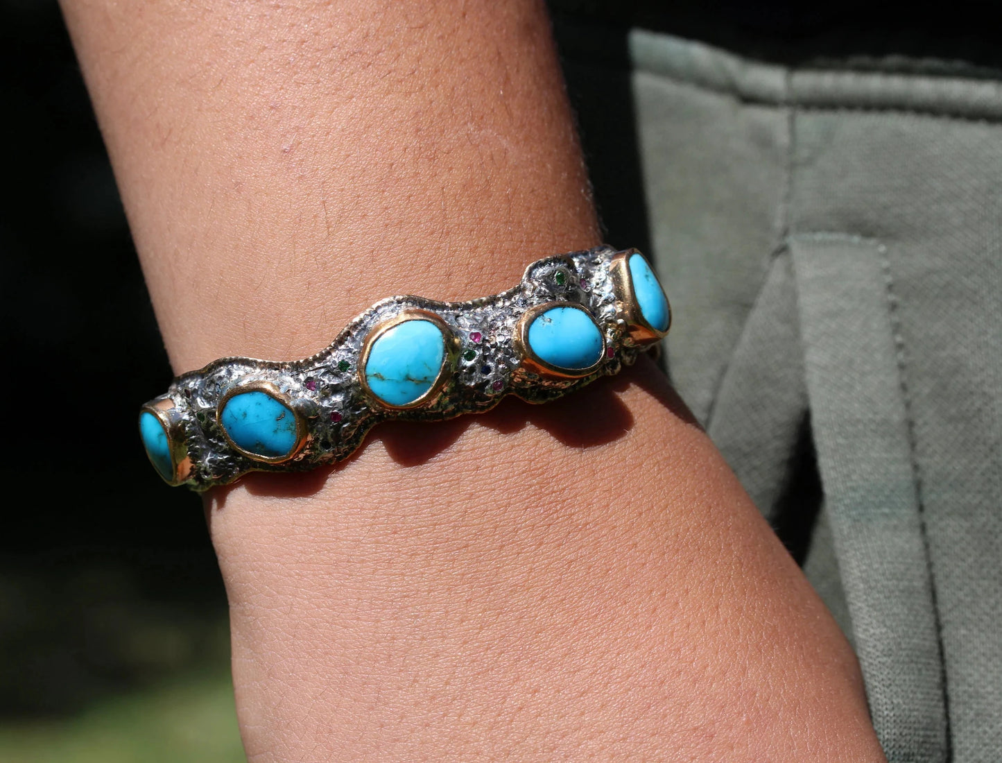 Made To Order - Rustic Silver & Gold Turquoise Gemstone Cuff Bracelet