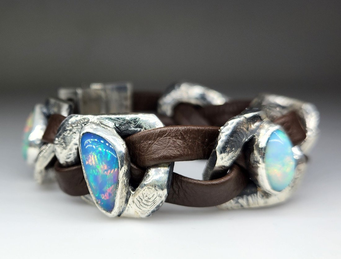 Made To Order - Rustic Silver & Leather Opal Gemstone Link Bracelet