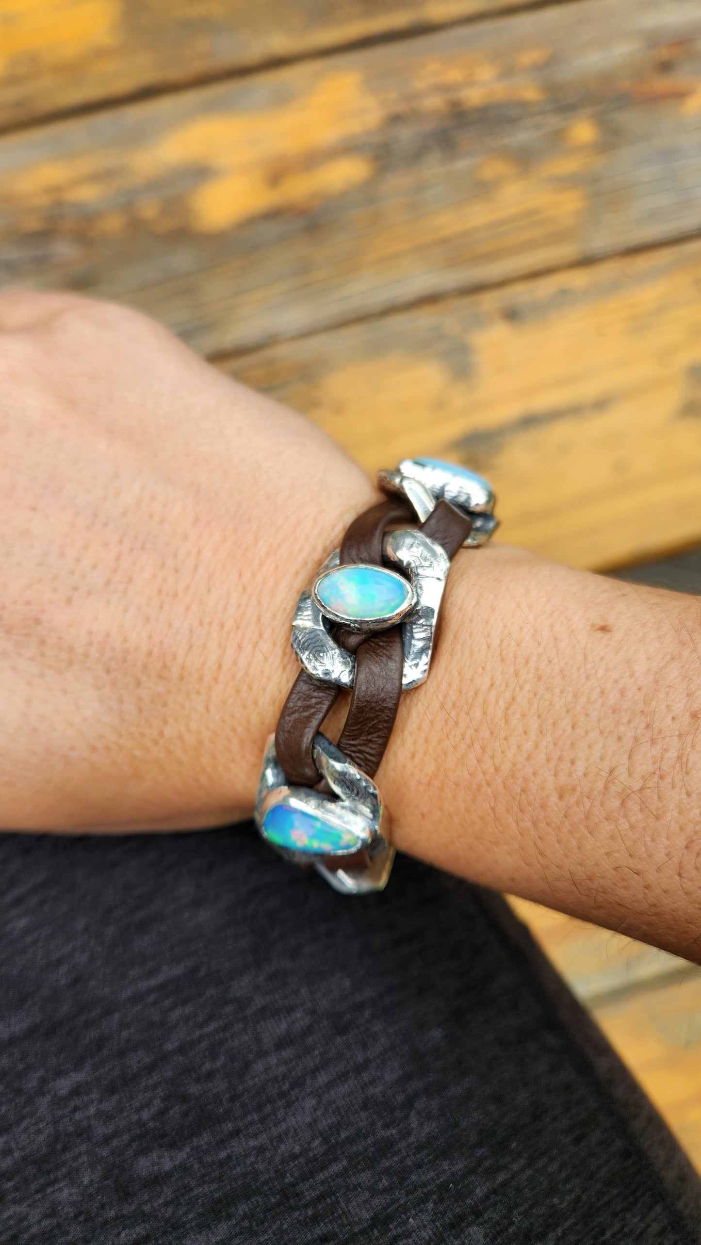 Made To Order - Rustic Silver & Leather Opal Gemstone Link Bracelet