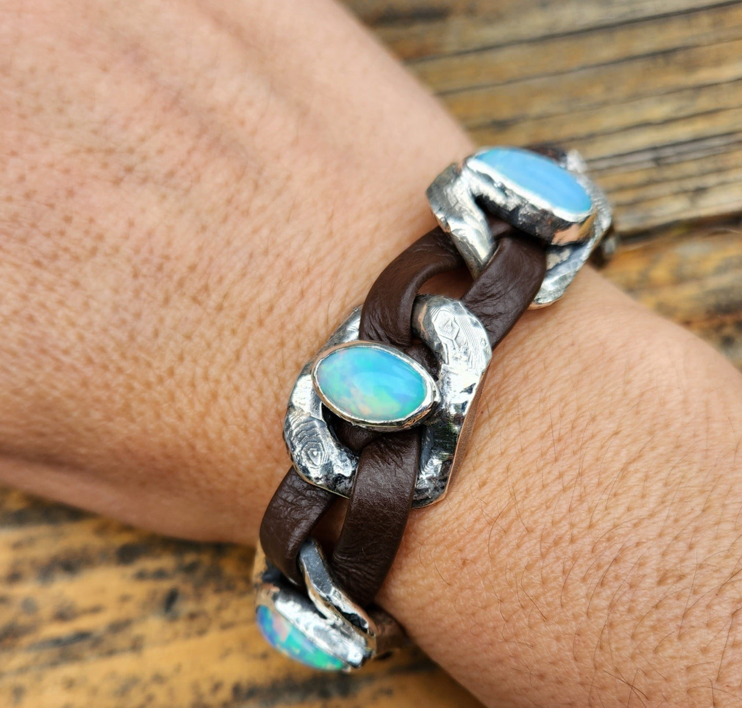 Made To Order - Rustic Silver & Leather Opal Gemstone Link Bracelet