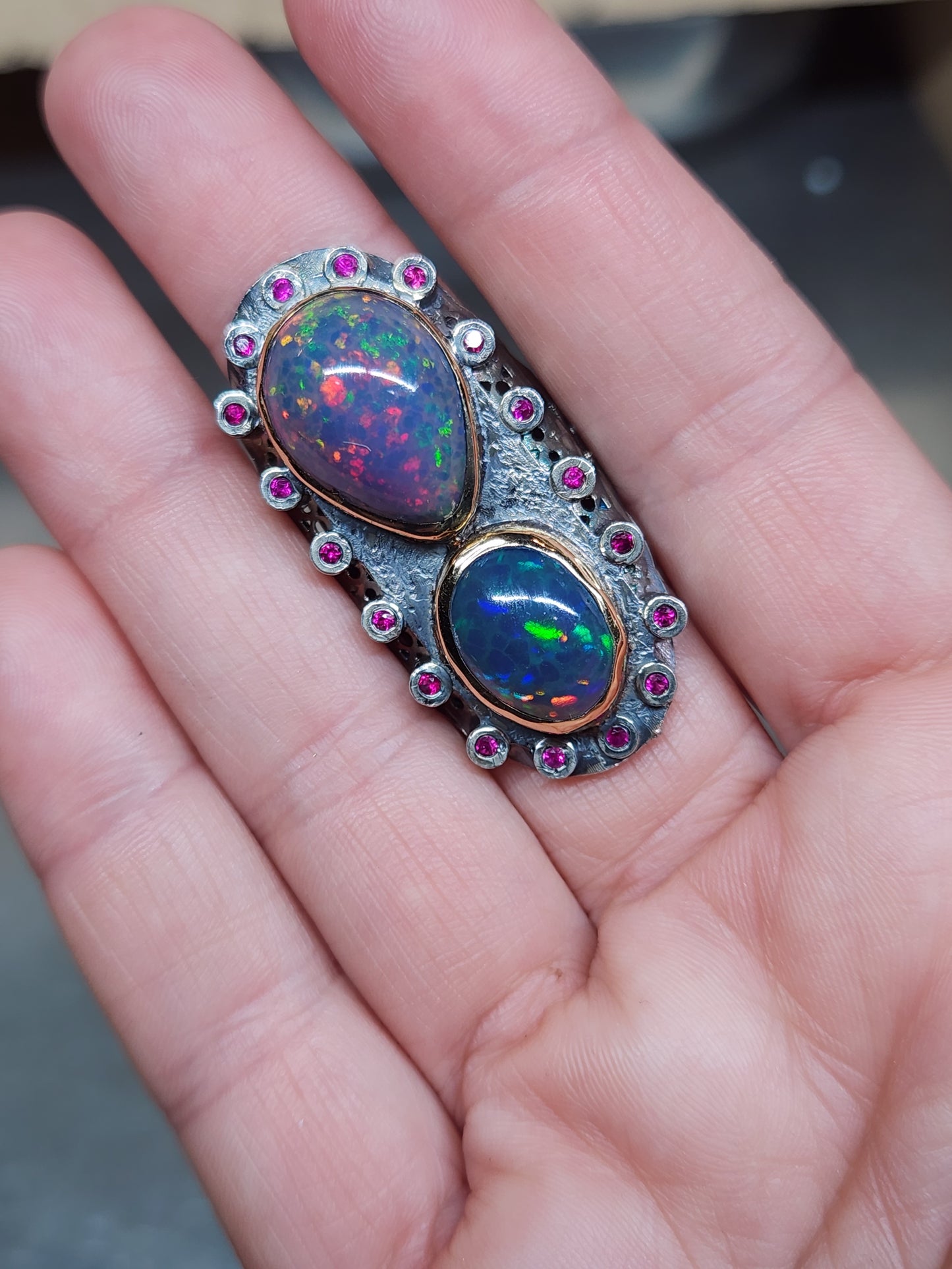 Opal & Ruby Rustic Sterling Silver & Gold Ring #588