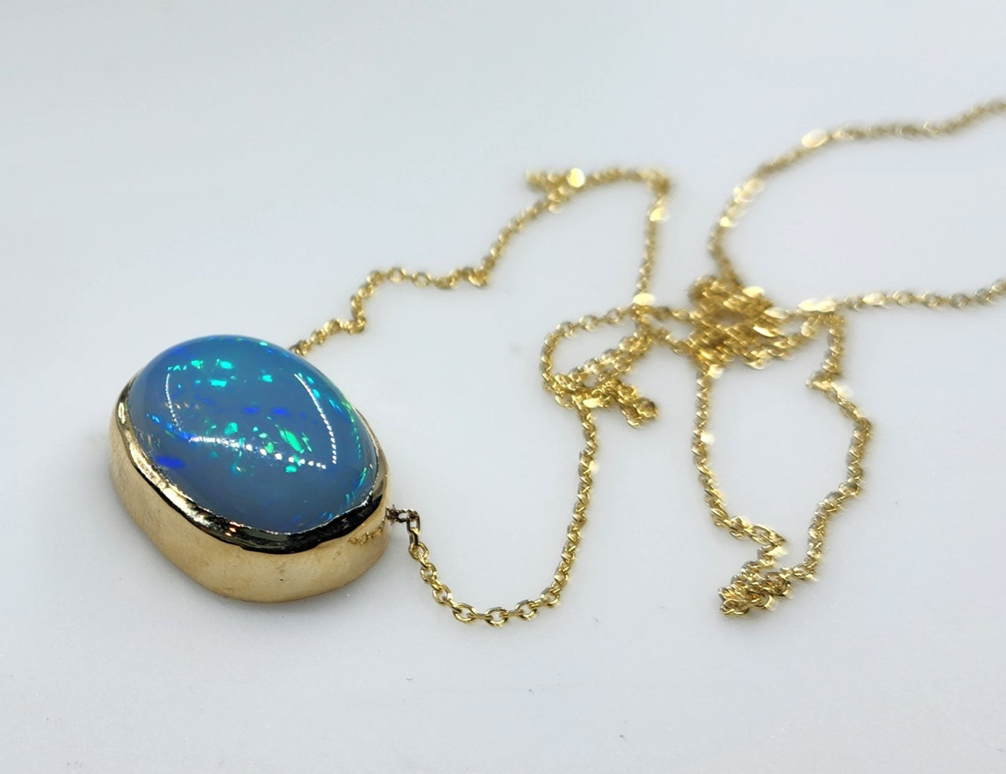 Blue Opal Pendant 14k Yellow Gold Split Chain Necklace #469
