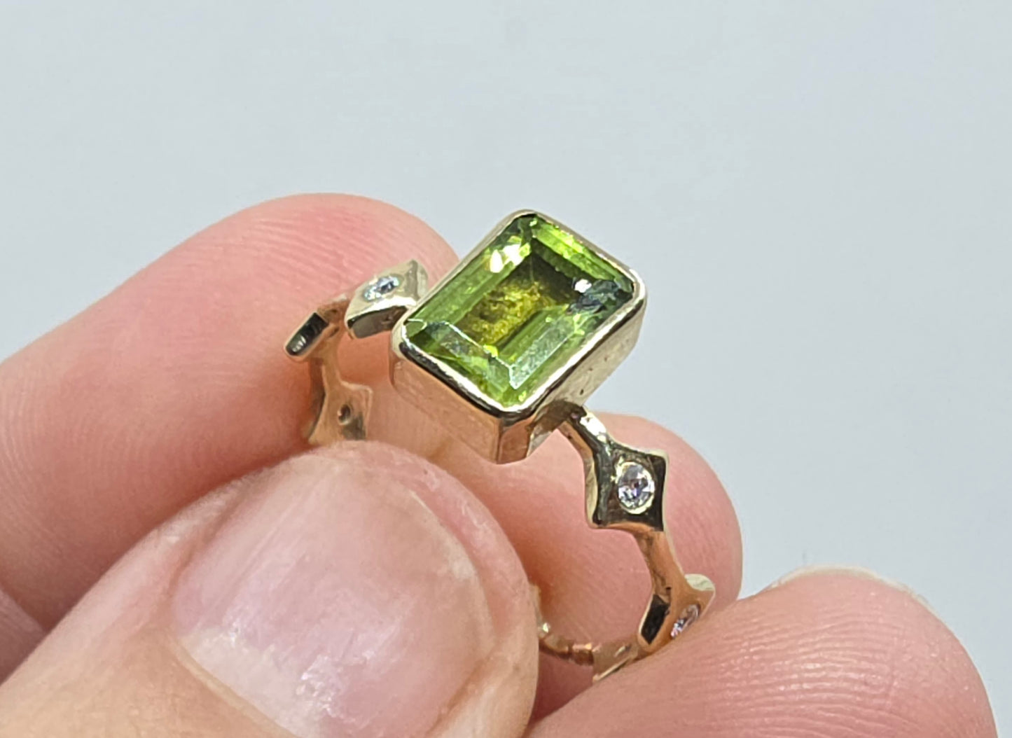 Green Peridot  Stacking Ring 14k Yellow Gold - Handmade Jewelry #641