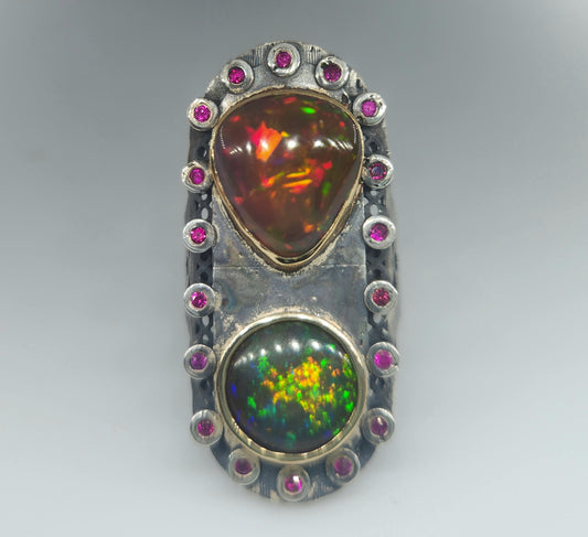 Black Opal & Ruby Rustic Sterling Silver & Gold Ring #523