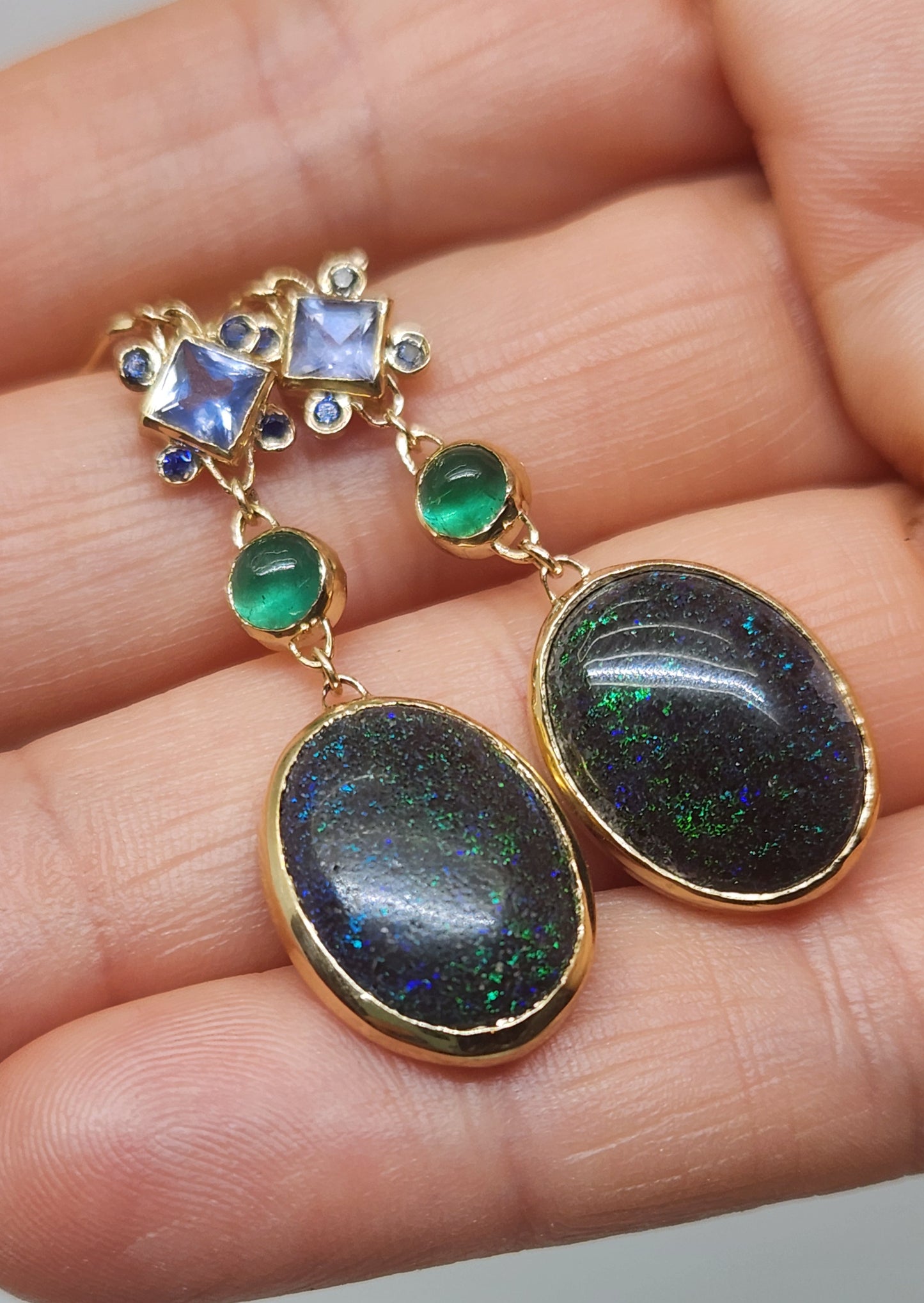 Opal & Emerald Earrings 14k Gold #446