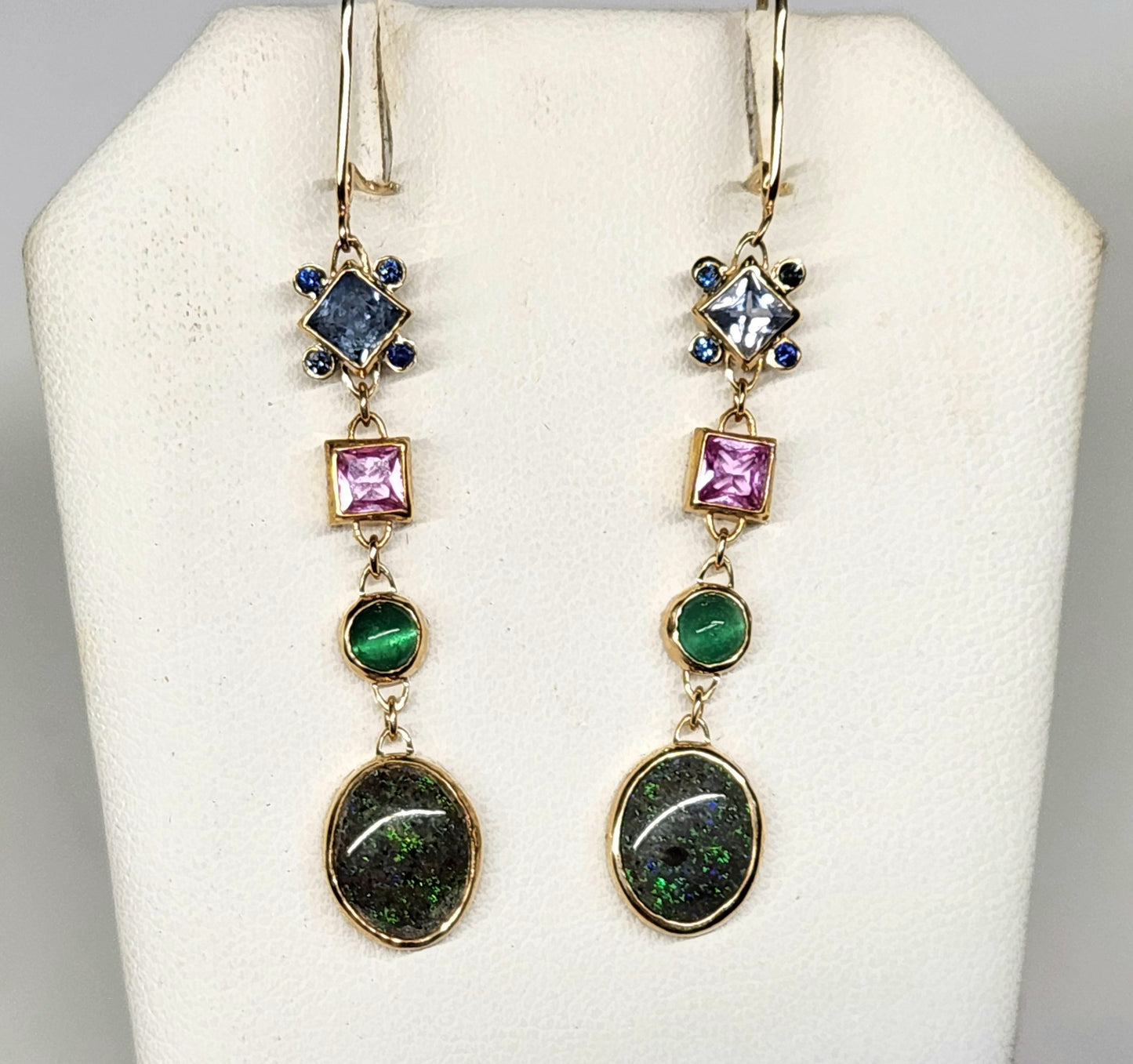 Black Opal & Sapphire Earrings 14k Gold #451