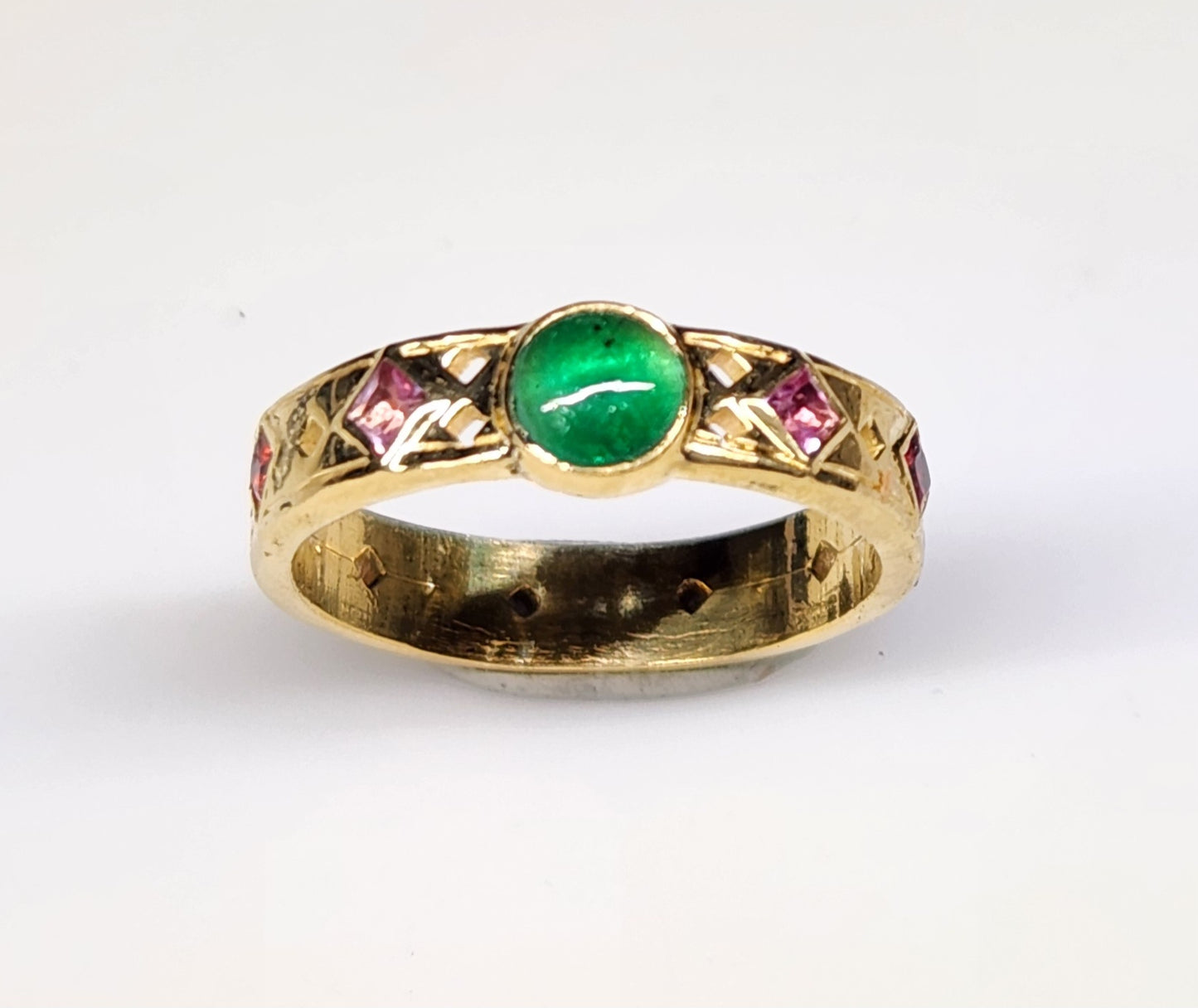 Emerald & Sapphire Ring 18k Yellow Gold Band #452